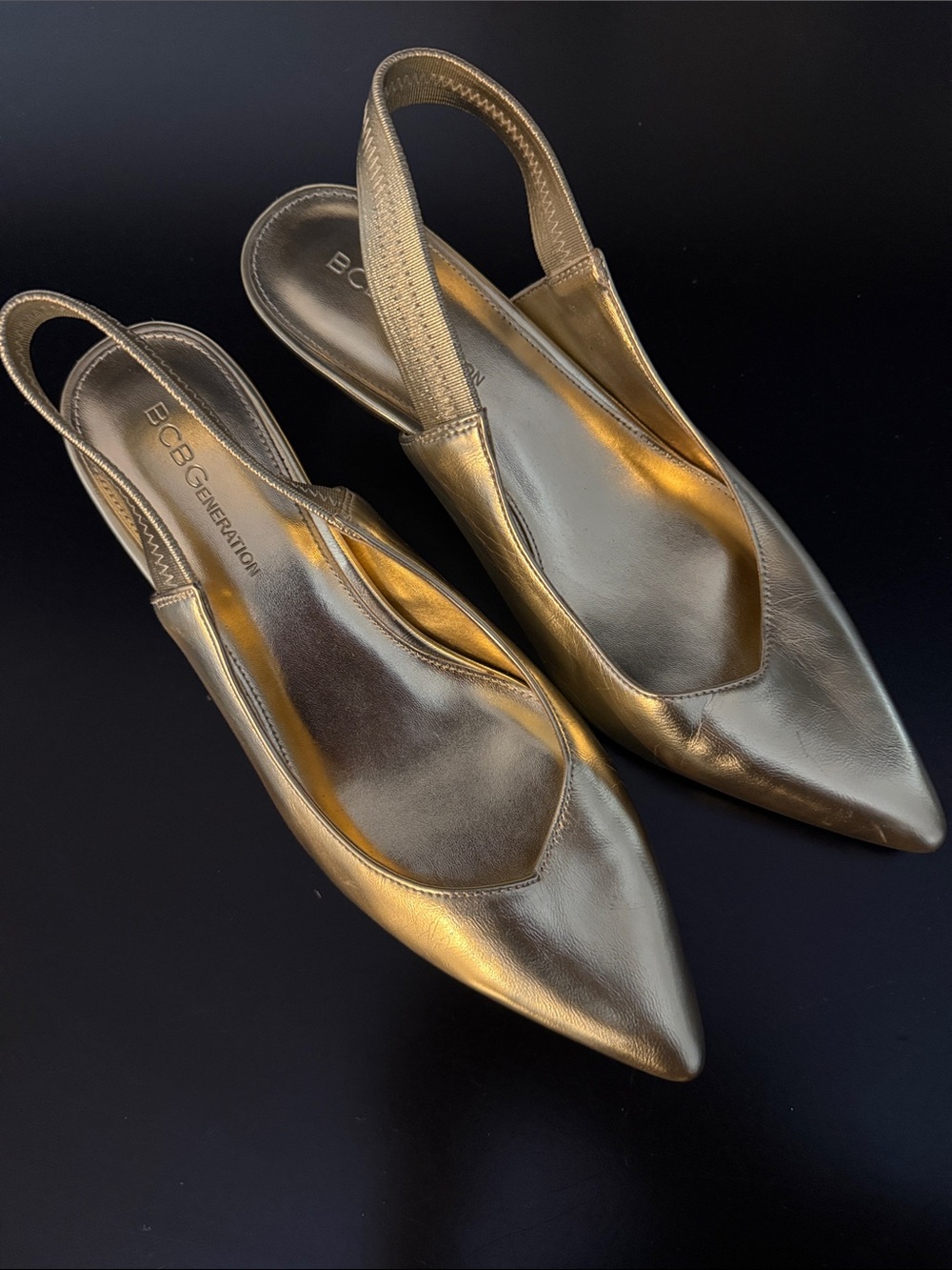 BCBG Metallic Gold Pointed Slingback Mules